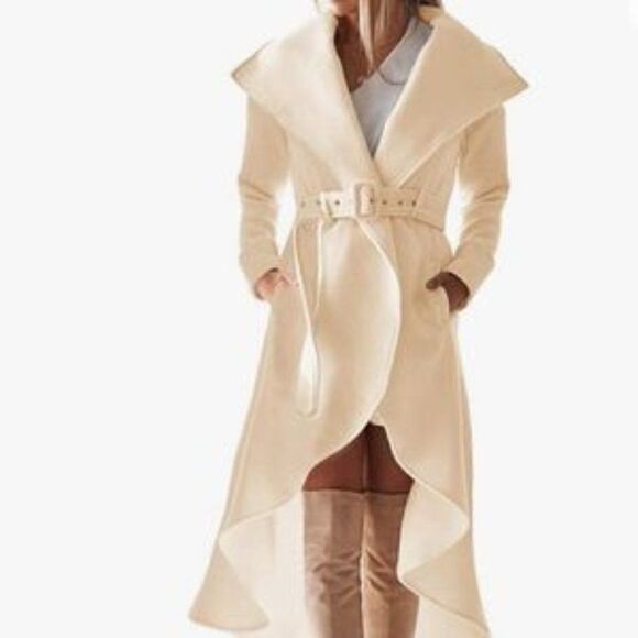 New Woolen Wrap Jacket Collar High Low Coat With Belt Coat - Picture 1 of 15
